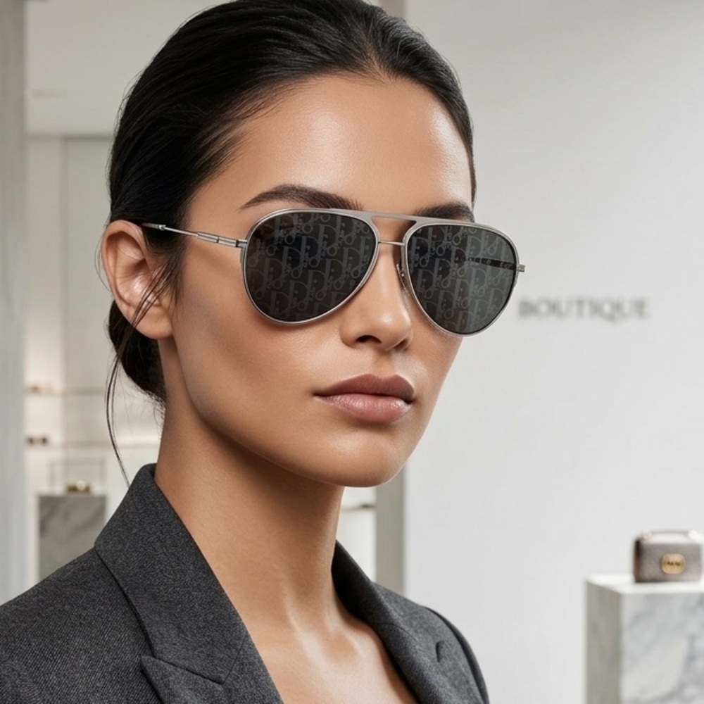 New Dior DIORESSENTIAL A2U F0A8 Silver Monogram Lens Aviator Sunglasses